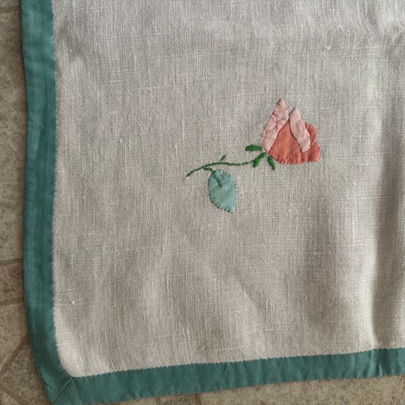 Cottage Core Flower Appliquéd Small Linen White Tablecloth Green Pink Blue 33x35 - Picture 5 of 9